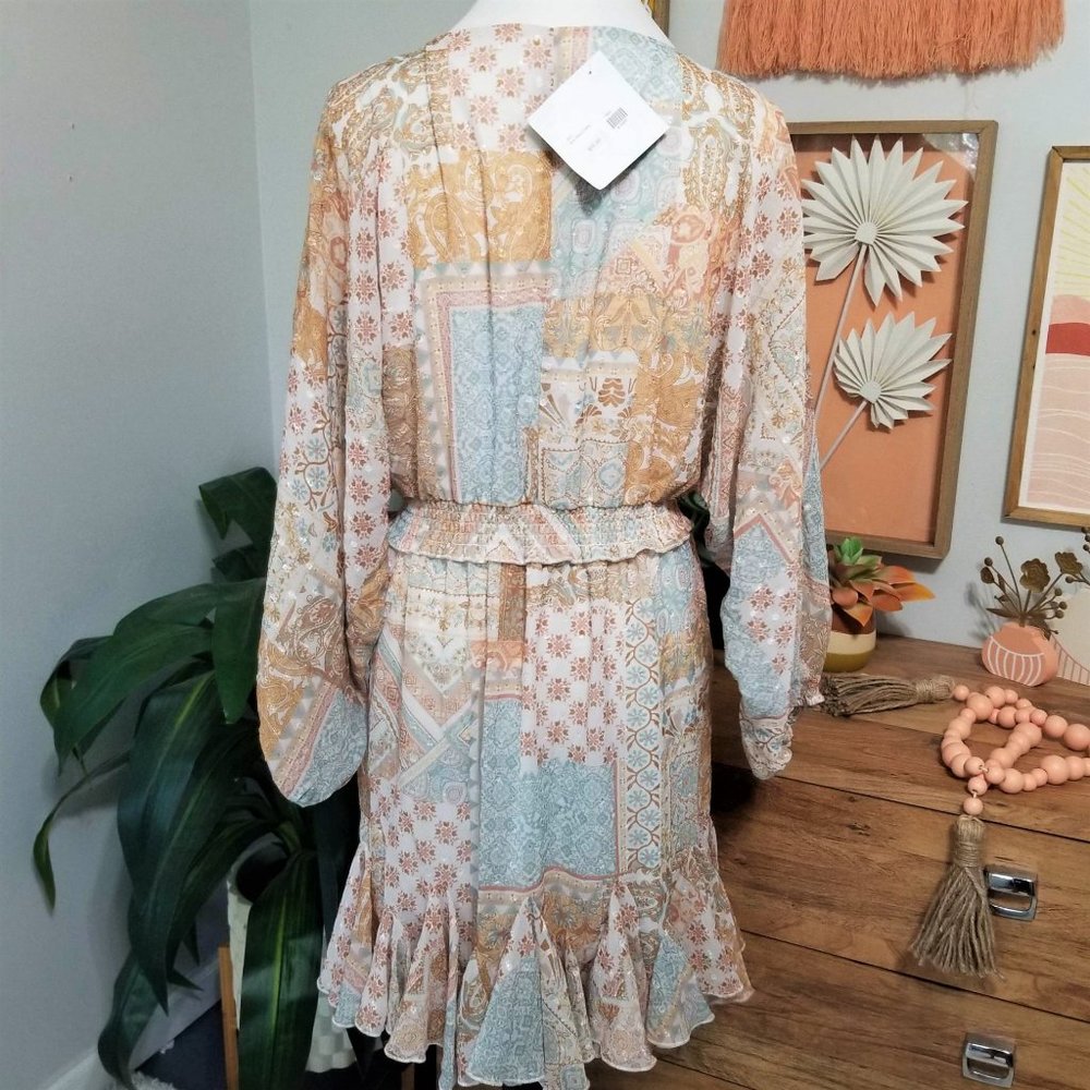 Dress. Aqua Tan Cream Gold. Paisley Floral Print. Peach Love Brand. Size L. NWT. - Picture 6 of 13